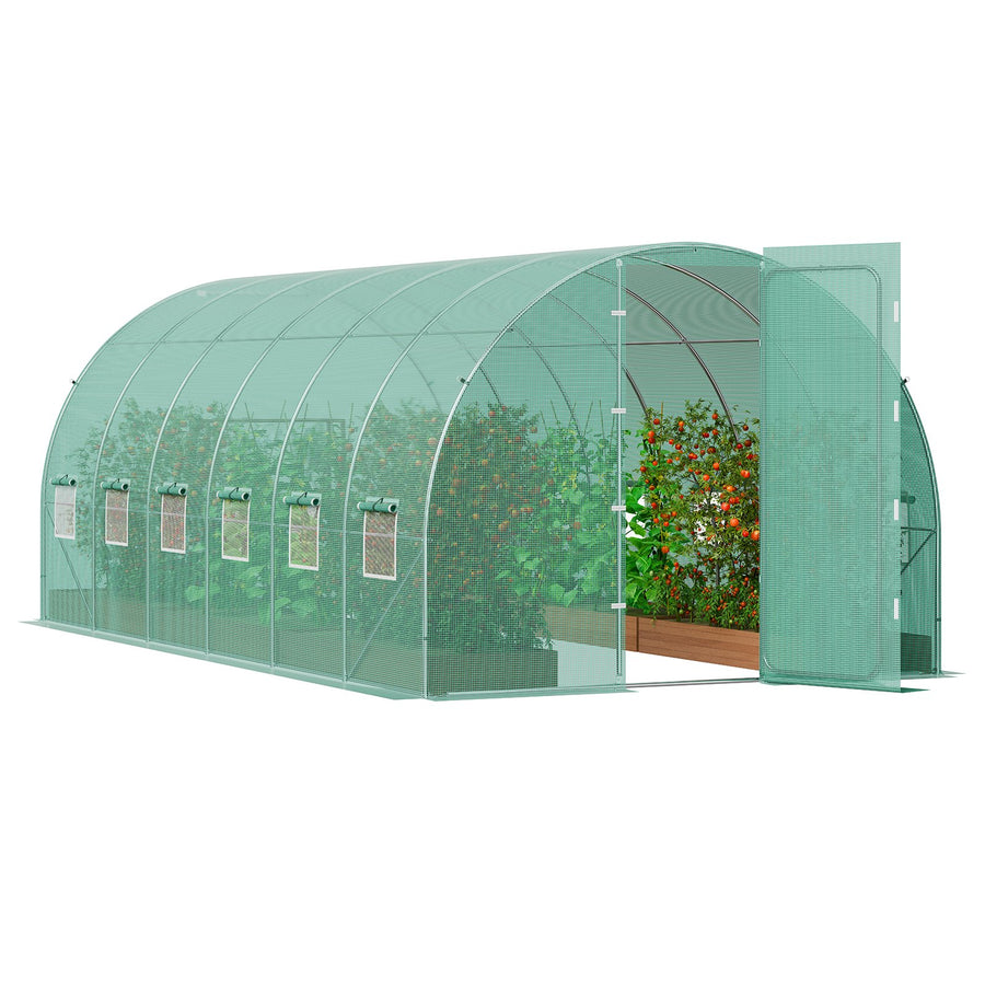 Begehbares Tunnel-Gewächshaus, 6,8 X 2,3 X 2,3 M, Foliengewächshaus-Tunnel, Pflanzen-Gewächshaus Mit Verzinktem Stahlrahmen, Grüner PE-Abdeckung, Schwingtür Und 12 Rollfenstern Für Den Außenbereich