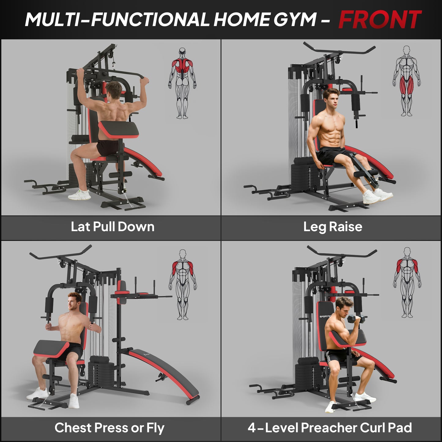 SPORTNOW Multi Gym Workout Station, Weight Machine With 65kg Weight Stack, Sit Up Bench, Push Up Stand, Dip Station
