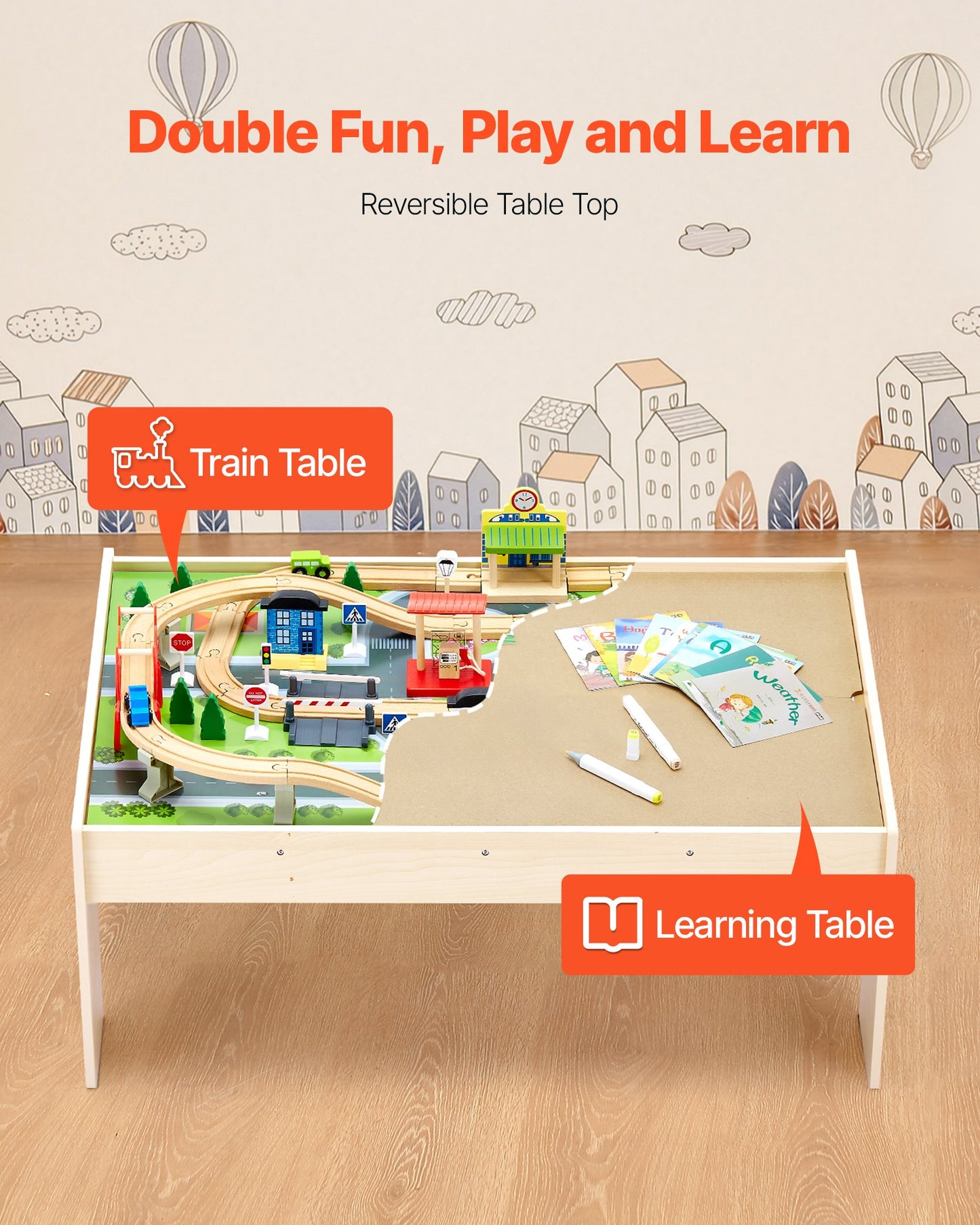 Train Table, 84 Multicolor Pieces Wooden Kids Activity Table With Collapsible Storage Bin, 3-in-1 Wooden Train Set For Gaming, Drawing, Reading, Eating, Creative Toy Set For Kids Ages 3+