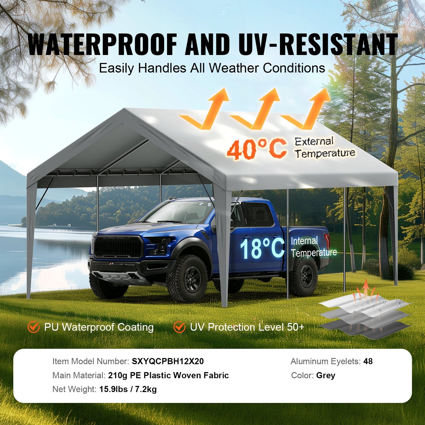 Carport Replacement Canopy Cover 12 X 20 Ft, Garage Top Tent Shelter Tarp Heavy-Duty Waterproof & UV Protected, Easy Installation With Ball Bungees,Grey Only Top Cover, Frame Not Include