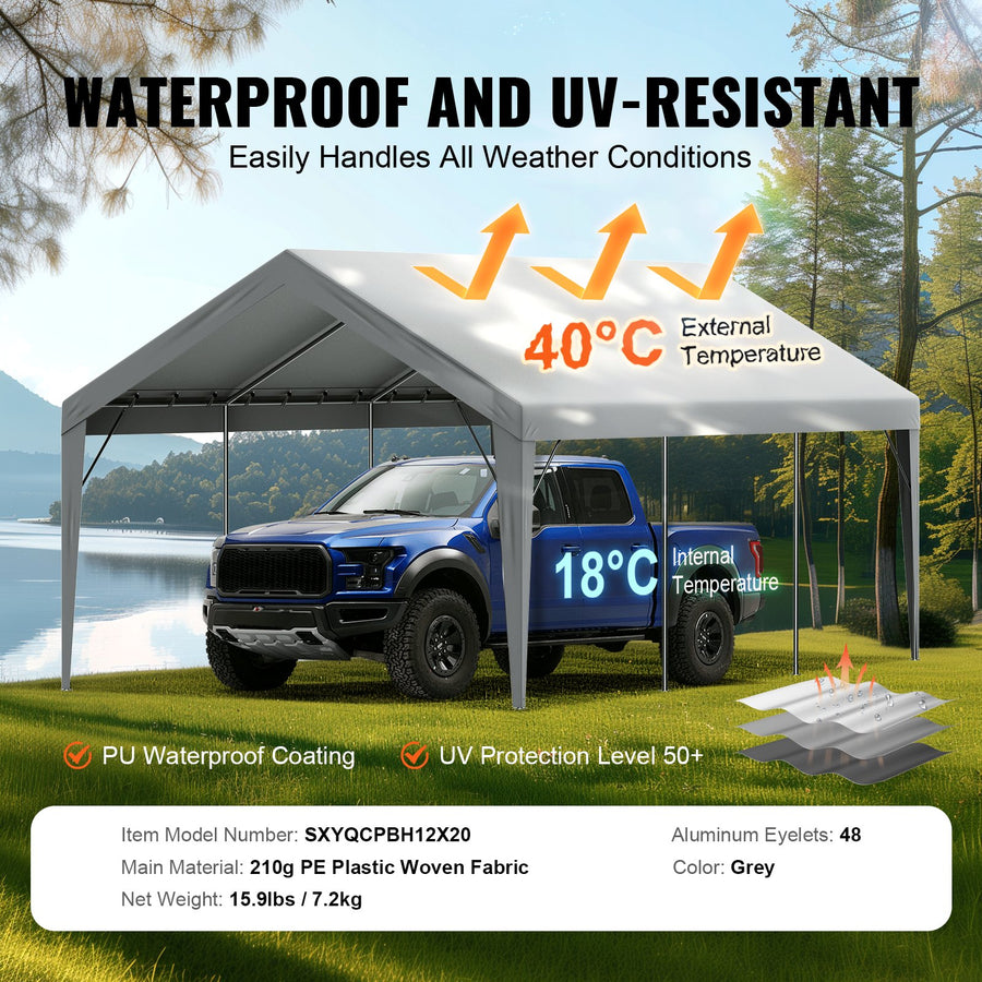 Carport Replacement Canopy Cover 12 X 20 Ft, Garage Top Tent Shelter Tarp Heavy-Duty Waterproof & UV Protected, Easy Installation With Ball Bungees,Grey Only Top Cover, Frame Not Include
