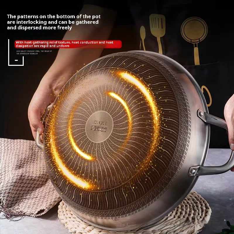 304 Stainless Steel Pot With Two Handles Honeycomb Uncoated Flat Bottom Wok