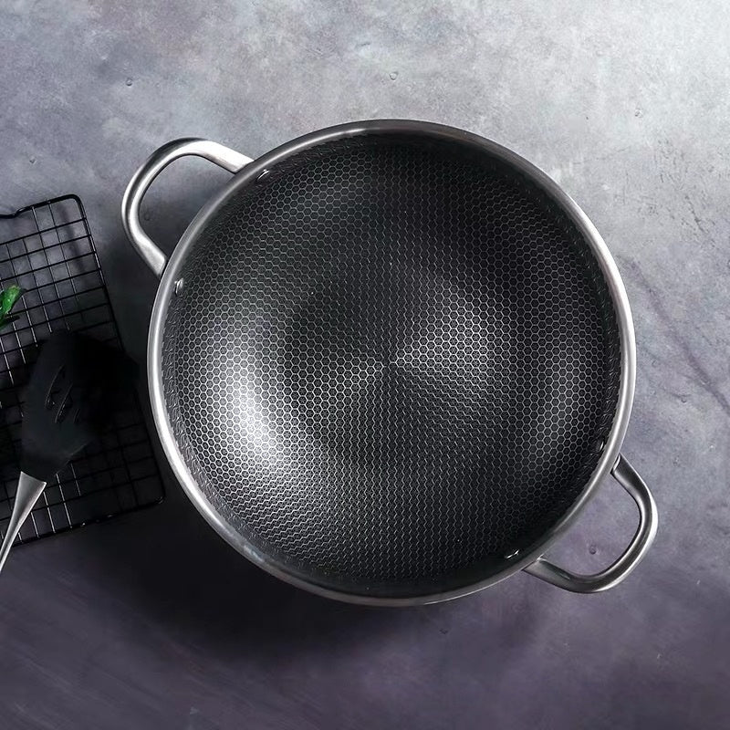 304 Stainless Steel Pot With Two Handles Honeycomb Uncoated Flat Bottom Wok