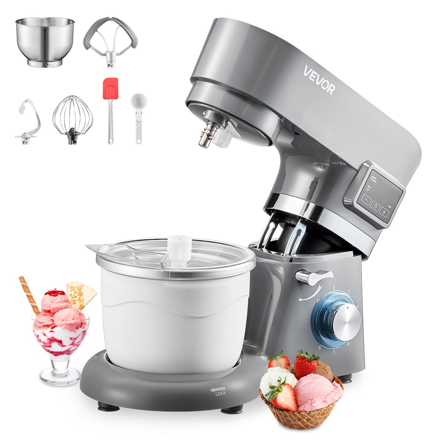 Eismaschine Eiscrememaschine 17 L Standmixer 6-Gang Mit LED-Digitalanzeige & Timer & Rührpaddel & Knethaken & Spritzschutz Für DIY Gefrorener Joghurt Frucht-Gelato Sorbet Grau 1400 W