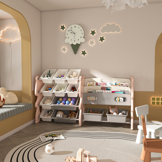 Kids Toy Storage Organizer, Toy Organizer With 2 Tier Bookshelf, Toy Storage With Shelf And 12 Toy Bins, Kids Bookshelf And Toy Storage For Playroom, Bedroom, Kids Room, Classroom Pink Color