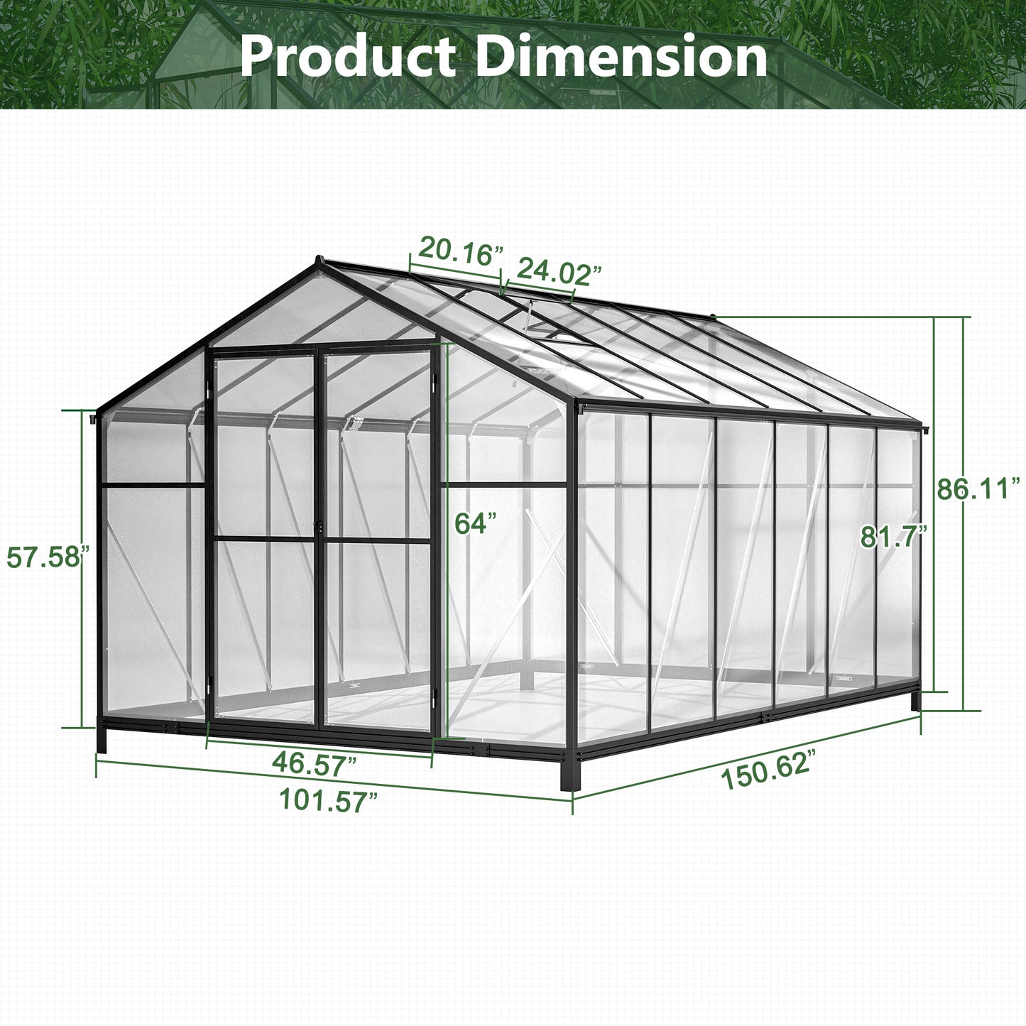 8' X 12' Outdoor Greenhouse, Heavy Duty Polycarbonate Greenhouse, Large Walk-in Greenhouse With Double Doors And Two Ventilation Windows, Aluminum Greenhouse For Outdoor Greenhouse Garden Backyard