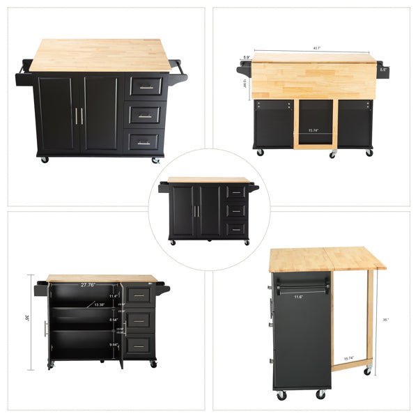 Kitchen Island & Kitchen Cart, Mobile Kitchen Island, Rubber Wood Top, Big & Adjustable Shelf Inside Cabinet For Different Utensils, Luxury Design Fits Party At Different Site.