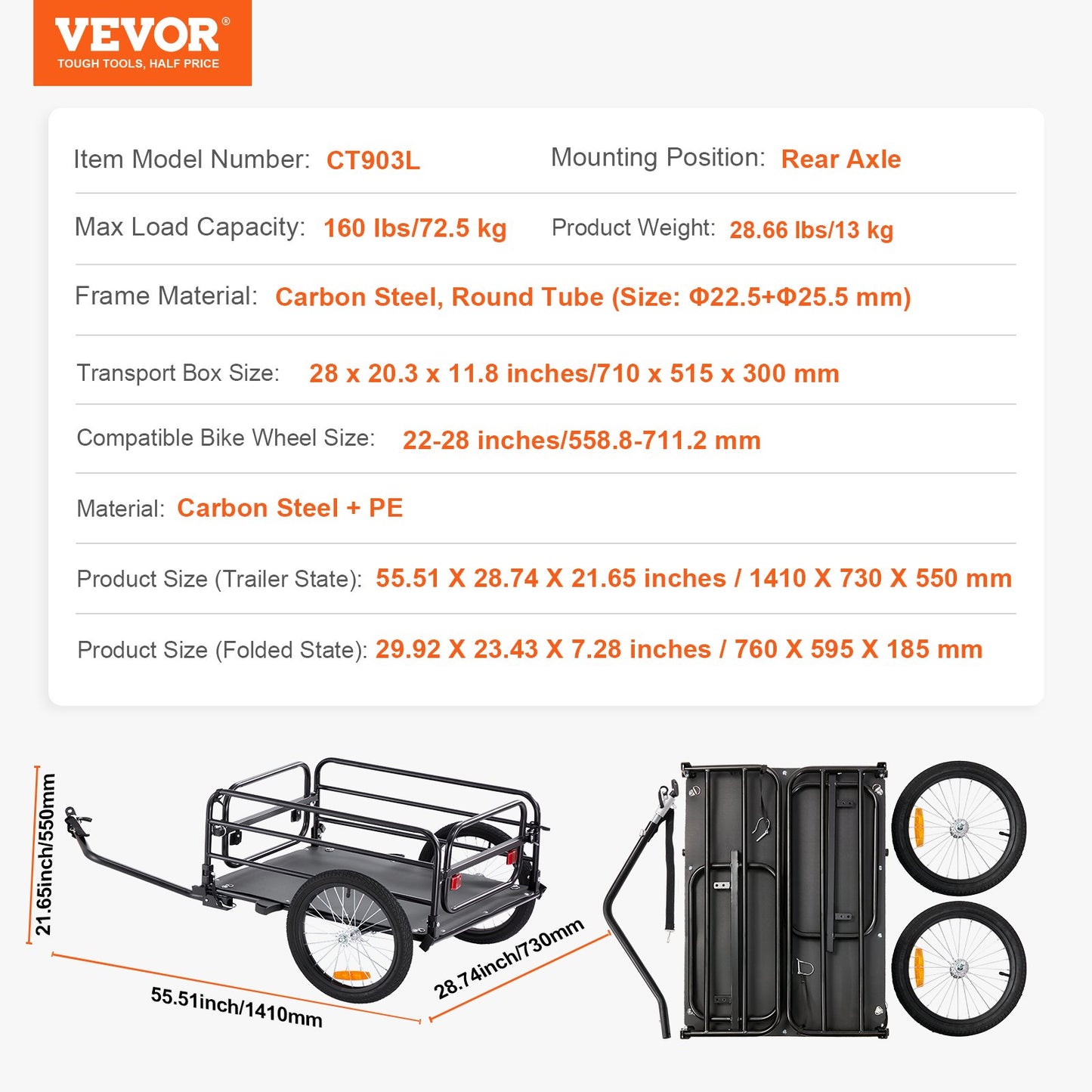 VEVOR Bike Cargo Trailer, 160 Lbs Load Capacity, Heavy-Duty Bicycle Wagon Cart, Foldable Compact Storage & Quick Release With Universal Hitch, Safe Reflectors,