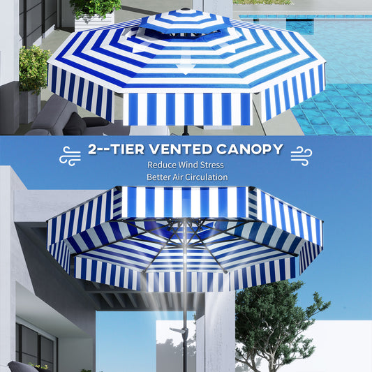 8.6FT Patio Umbrella, Outdoor Market Umbrella, 2-Tier Vented Patio Table Umbrella With Crank 8 Ribs, Tiltable Porch Umbrella For Garden Deck Poolside, Navy Blue