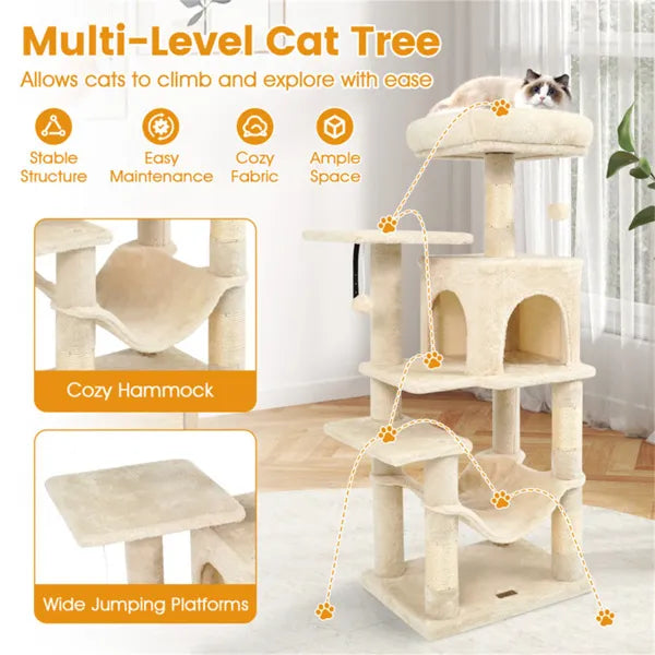 44" Multi-Level Cat Tree With Spacious Top Perch, 2-Door Condo & Hammock For Indoor Cats -Beige