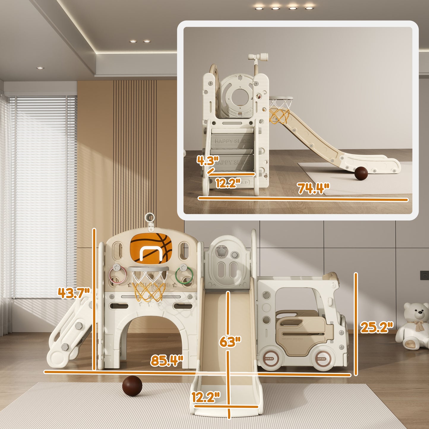 9 in 1 Toddler Slide for Kids Ages 1-6 with Bus Front, Basketball Hoop, Climber, Storage Space, Ring Toss, Cream White