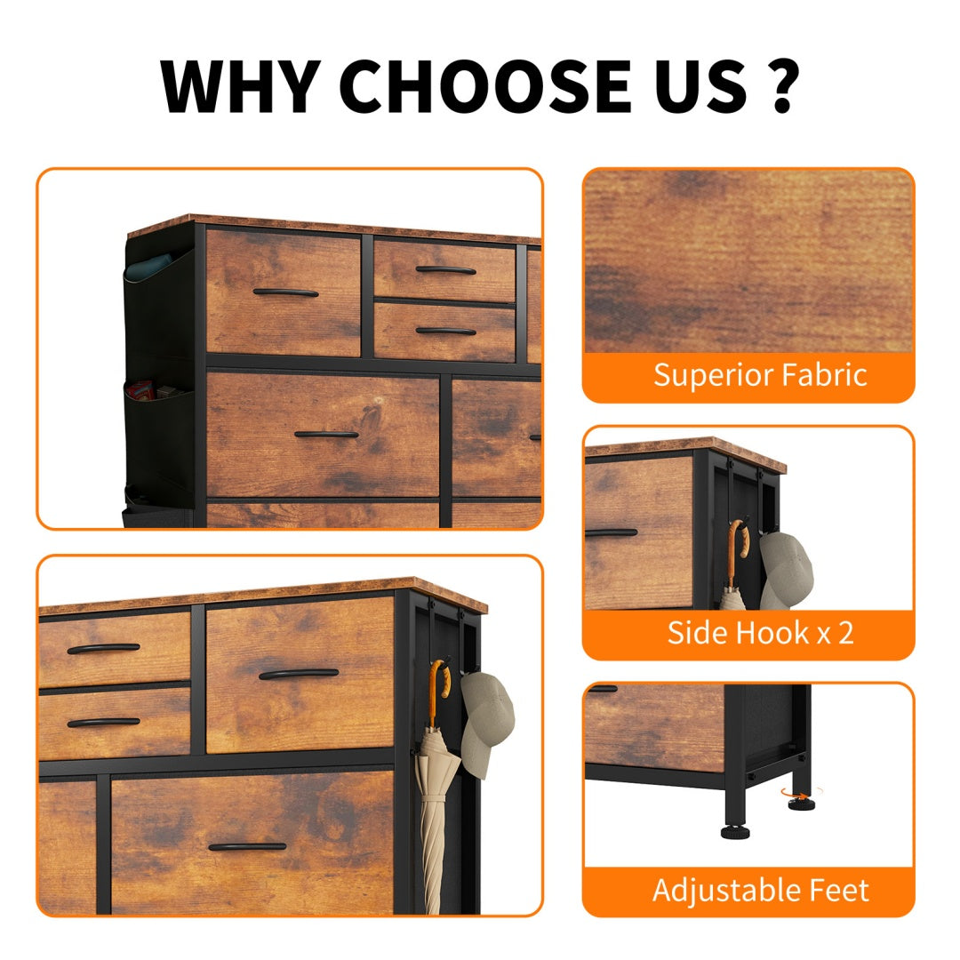 10-Drawer Dresser With Side Pocket & Hooks, Storage Cabinet With Wood Top For Bedroom Closet Organization