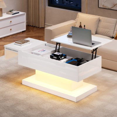 High Gloss Lift Up Top Coffee Table With Storage, Extendable Desktop Dinning Table 100 X 50 X 45 Cm, Height Adjustable Tabletop, Retractable Desk