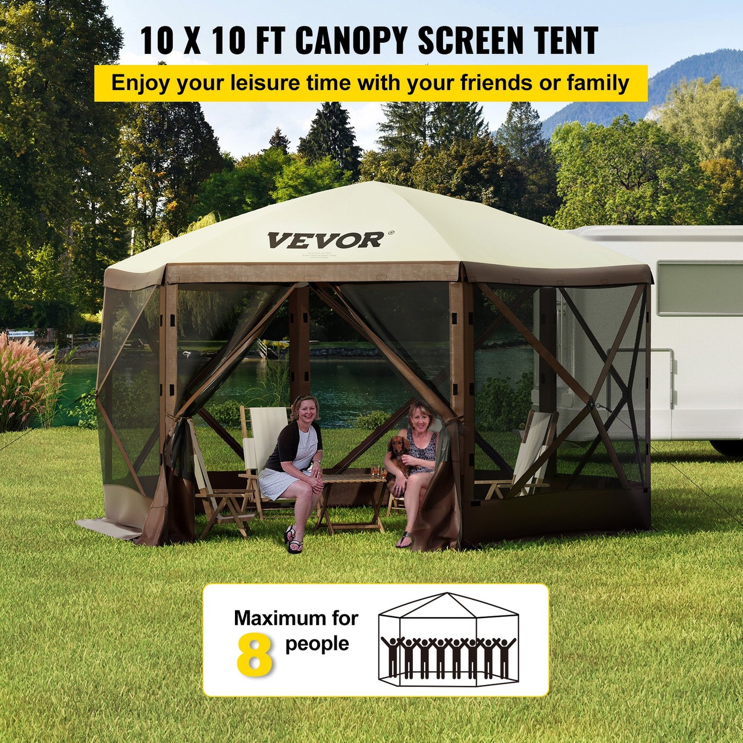 VEVOR Camping Gazebo Tent, 6 Sided Pop-up Canopy Screen Tent For 8 Person Camping, Waterproof Screen Shelter Portable Storage Bag, Ground Stakes, Mesh Windows, Brown & Beige