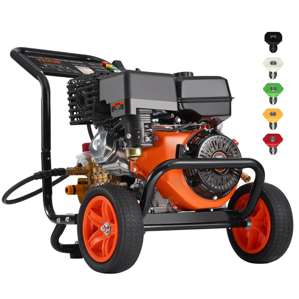 Benzin-Hochdruckreiniger, 4400 PSI 15 L/min, 2,6 GPM Terrassenreinger Mit Kupferpumpe, Hochdruckpistole & Verlängerungsstab, 5-Düsen-Set, Für Autos, Zäune, Häuser, Einfahrten, Terrassen, Möbel