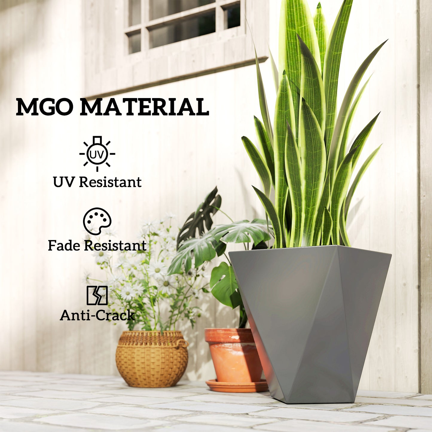 Indoor Outdoor Planters Set of 3 MgO Tall Planters Stackable Flower Pots with Drainage Holes for Garden, Balcony, Gray