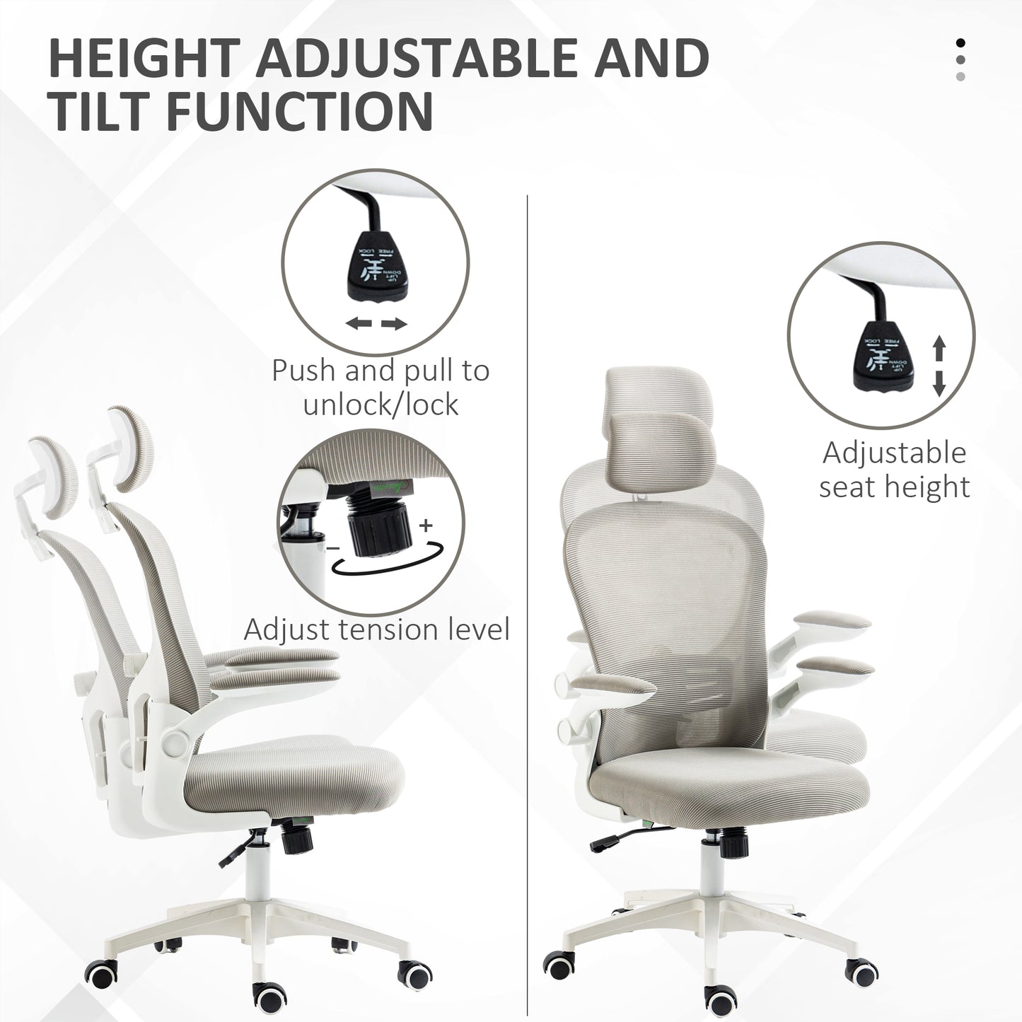 Vinsetto Multi-Adjustable Office Chair, With Lumbar Support, Headrest And Mesh Back - Grey
