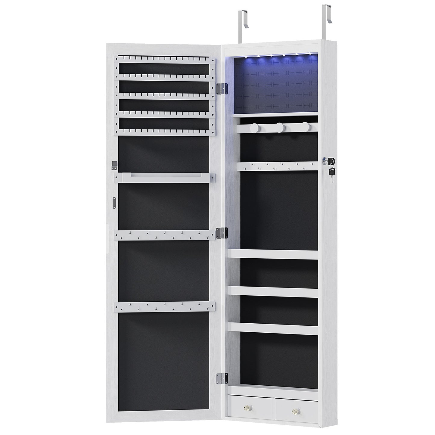 Wall-door Mounted Jewelry Wardrobe Large Capacity Mirror And LED Light Lockable Organizer