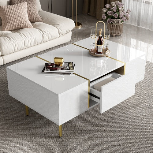 White High-gloss Coffee Table, Modern And Simple, With 2 Drawers