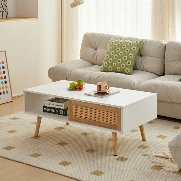 Rattan Coffee Table With Sliding Door And Solid Wood Legs - Modern Living Room