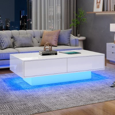 White High Gloss LED Coffee Table, Tea Table With 16 Colors LED Lights, Coffee Table With 2 Drawers Rectangular Table For Office, Store And Living Room