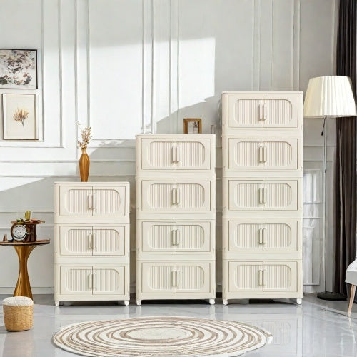 Cream White 19.69 Side Wide Folding Storage Cabinet ,3 Tiers,19.69x11.81x31.1,Collapsible Storage Bins With Magnetic Door, Plastic Storage Cabinet With Wheels