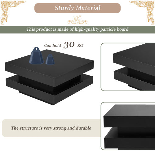 White Square High Gloss Coffee Table With 360 Rotating Top, Tea Table With 16-Color LED Light, 70x70x36 Cm