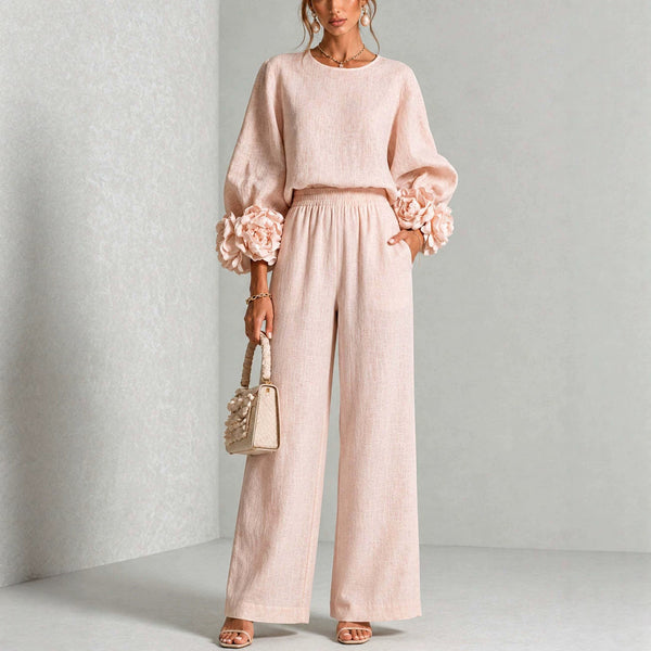 Floral Cuff Top and Wide Leg Pants Set - Women's Casual Two Piece Outfit with Loose Fit Trousers