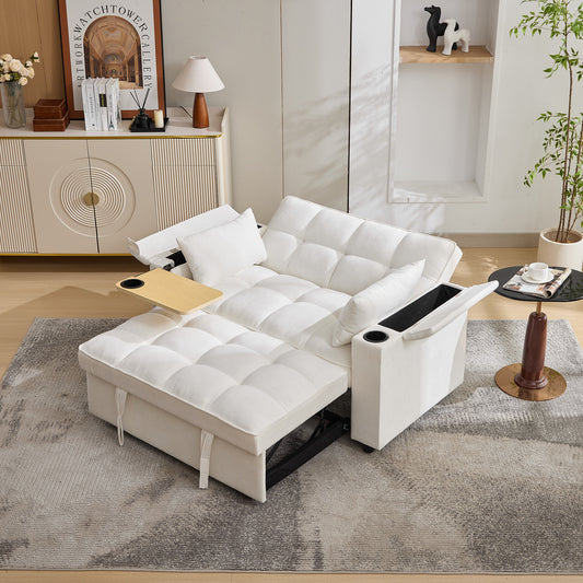 2 Seater Click Clack Sofa Bed,  Pull Out Sofa Bed,  Futon Sofa Recliner, With Cup Holders And Hidden Table, USB & Type-C, 3-Gear Back Angle Adjustable, For Apartment, Living Room, Bedroom, Beige