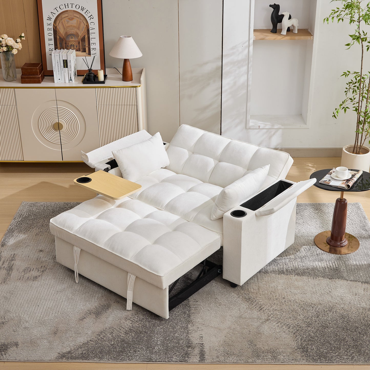 2 Seater Click Clack Sofa Bed,  Pull Out Sofa Bed,  Futon Sofa Recliner, With Cup Holders And Hidden Table, USB & Type-C, 3-Gear Back Angle Adjustable, For Apartment, Living Room, Bedroom, Beige