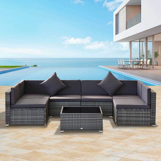 7 Piece Wicker Patio Furniture For Backyard Outdoor Sectional Sofa With Cushions  Tempered Glass Coffee Table Pillows Gray