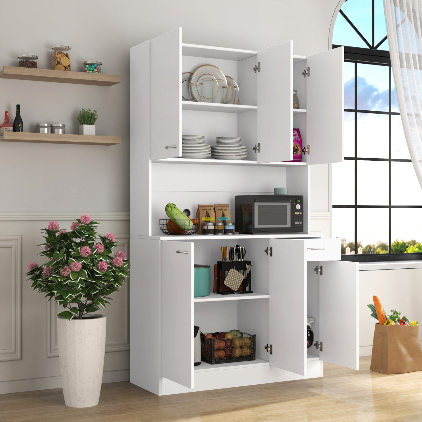 70.87 Tall Wardrobe& Kitchen Cabinet, With 6-Doors, 1-Open Shelves And 1-Drawer For Bedroom,White