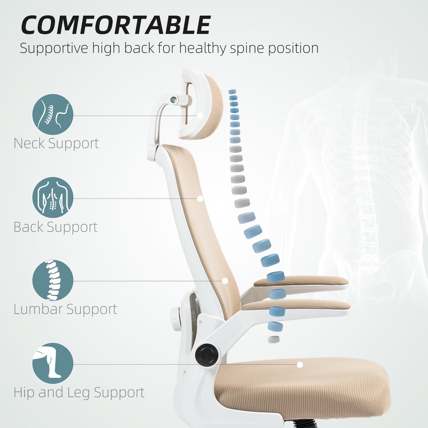 Mesh Office Chair, Ergonomic Desk Chair With Flip-up Armrest, Rotatable Headrest, Adjustable Lumbar Support, Khaki