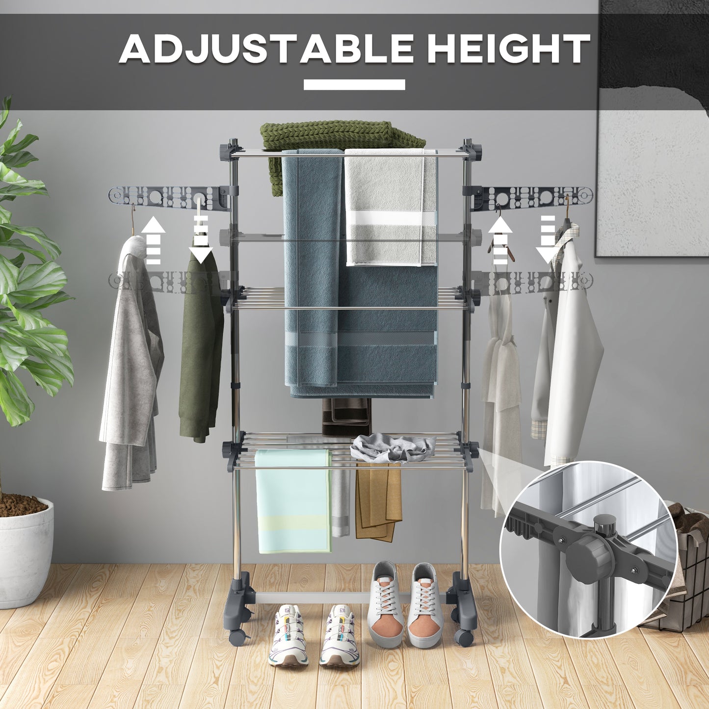 Three-Shelf Collapsing Clothes Horse, With Side Arms And Wheels - Grey