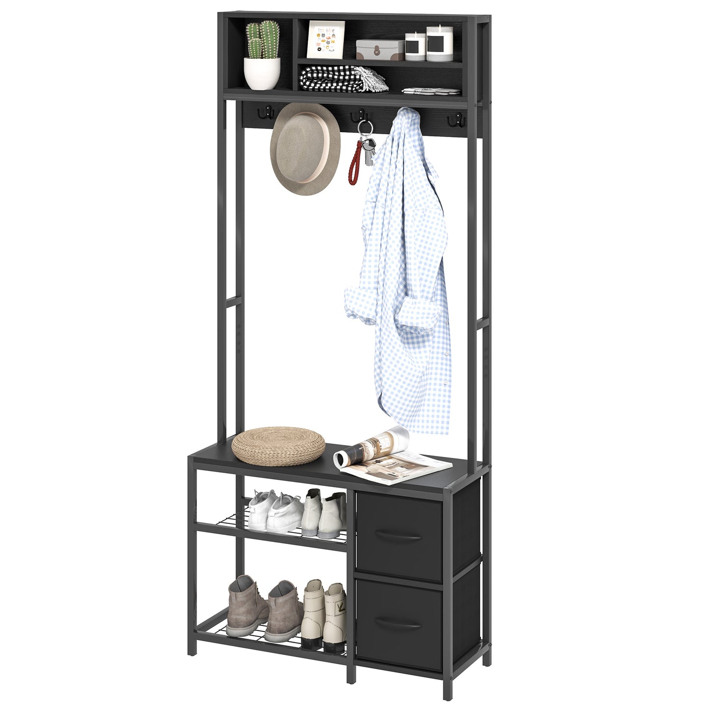 Hall Tree with Bench and Shoe Storage, 5-in-1 Entryway Bench with Coat Rack, 3 Storage Shelves, 2 Fabric Drawers, Black