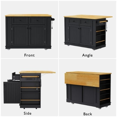Large Kitchen Island With 2 Bar Stools, Power Outlet, Door Internal Storage Rack, Kitchen Storage Cart On 5 Wheels With Drop Leaf, 5 Open Side Racks, 2 Drawers,for Kitchen,Dining Room