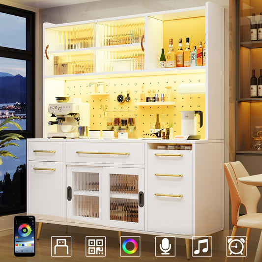 Modernes Sideboard Mit LED Beleuchtung  Hochschrank Fur Kuche  Wohnzimmer, Aufbewahrungsschrank Mit Lochwand, Schublade  Glasboden, White
