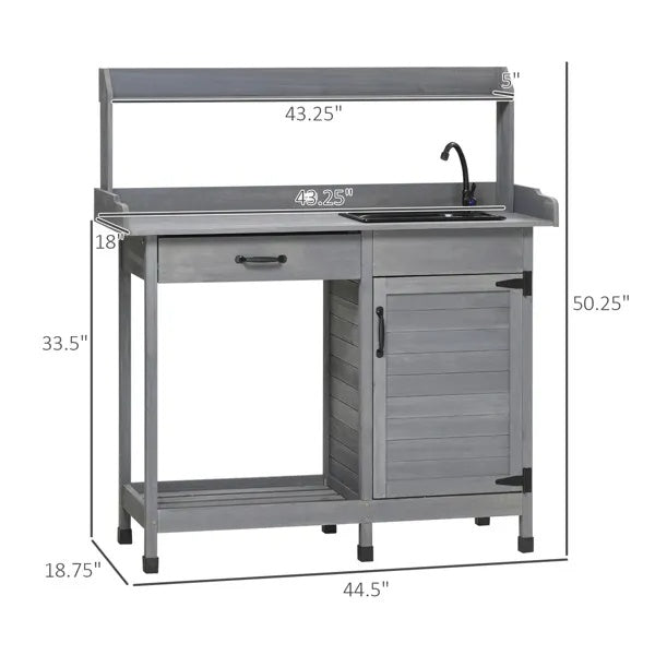 Gray Outdoor Potting Bench With Sink And Faucet ,Hooks,Storage Cabinet