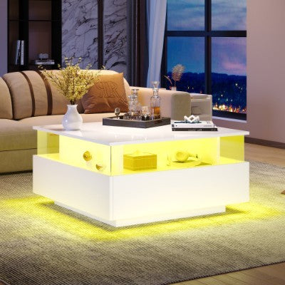 Coffee Table With Storage For Living Room, Modern LED Coffee Table, Square Tea Table With 2 Sliding Drawers Wood Center Table Acrylic Glass Coffee Table