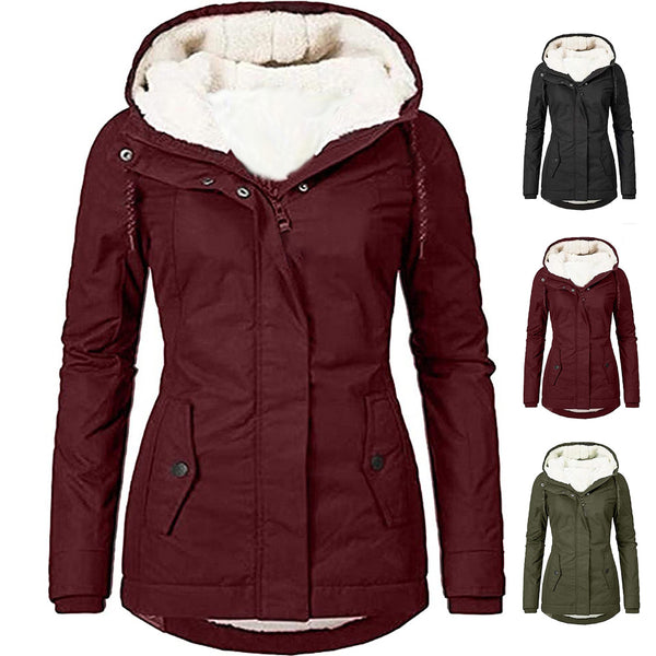 Women's Solid Color Long Sleeve Zipper Fleece Padded Coat - Warm Winter Jacket with Pockets Loose Fit Outerwear