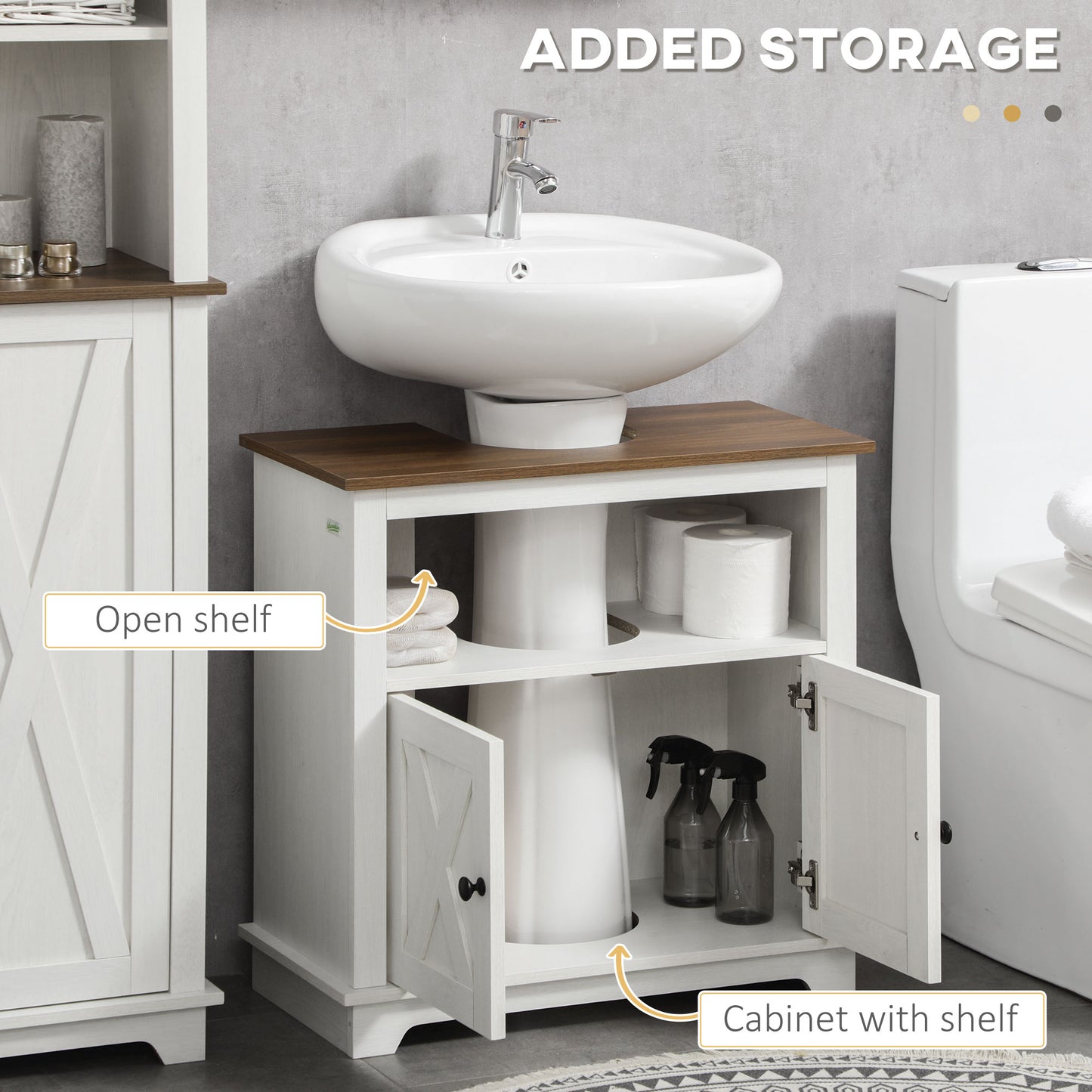 Modern Farmhouse Bathroom Sink Cabinet, Pedestal Sink Storage Cabinet with Double Doors and Shelves, White