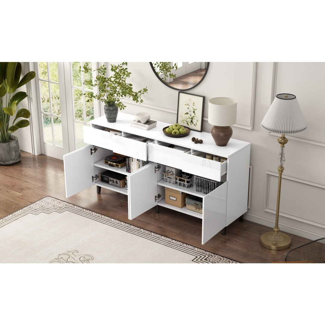 Storage Cabinet, Sideboard Buffet With 4 Drawers 4 Doors , Highboard Cabinet With Adjustable Shelves, Chest Of Drawers, Standing Cabinet, Cupboard Buffet For Living Room, Kitchen, 160X40X68cm, White