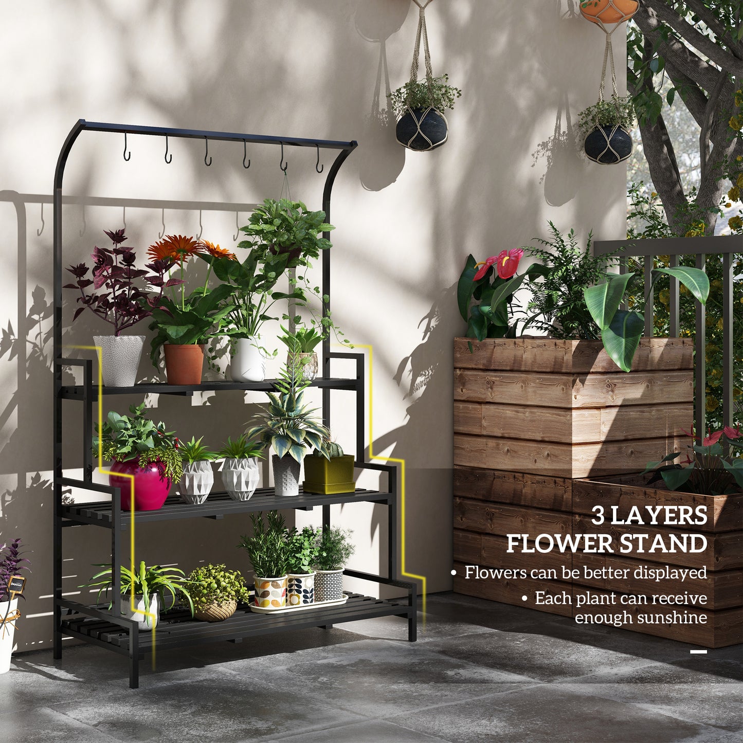 3 Tiered Plant Rack With Hanging Hooks, Tall Plant Stand For Indoor Outdoor Porch Balcony Use, Black