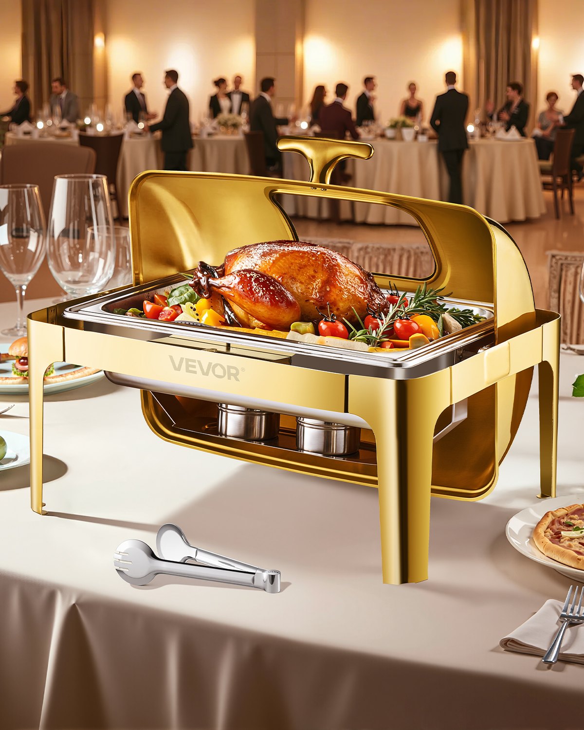 Chafing Dish Set Speisenwärmer Edelstahl Mit Pfannen In Voller Größe (8,5 L), Rechteckiger Wärmespender Mit Sichtbarem Deckel & Wasserpfannenständer & Brennstoffhalter, Für Partys Gold