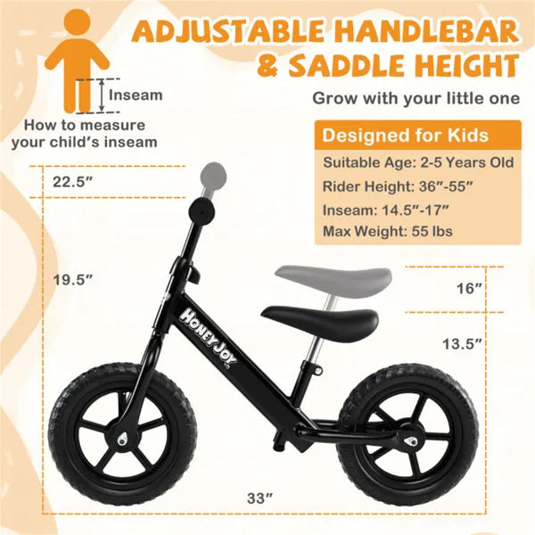 Toddler Balance Bike For 2-5 Years - Adjustable Height, 6.3LBS Lightweight & 11" Foam Tires-Black