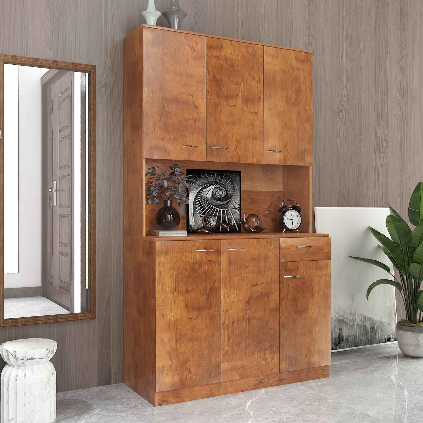 70.87 Tall Wardrobe Kitchen Cabinet, With 6-Doors, 1-Open Shelves And 1-Drawer For Bedroom,Walnut
