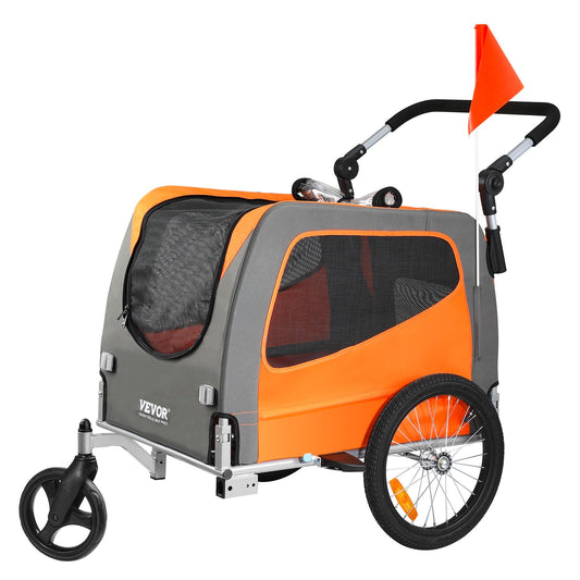 Dog Bike Trailer, Supports Up To 66 Lbs, 2-in-1 Pet Stroller Cart Bicycle Carrier, Easy Folding Cart Frame With Quick Release Wheels, Universal Bicycle Coupler, Reflectors, Flag, Orange/Gray