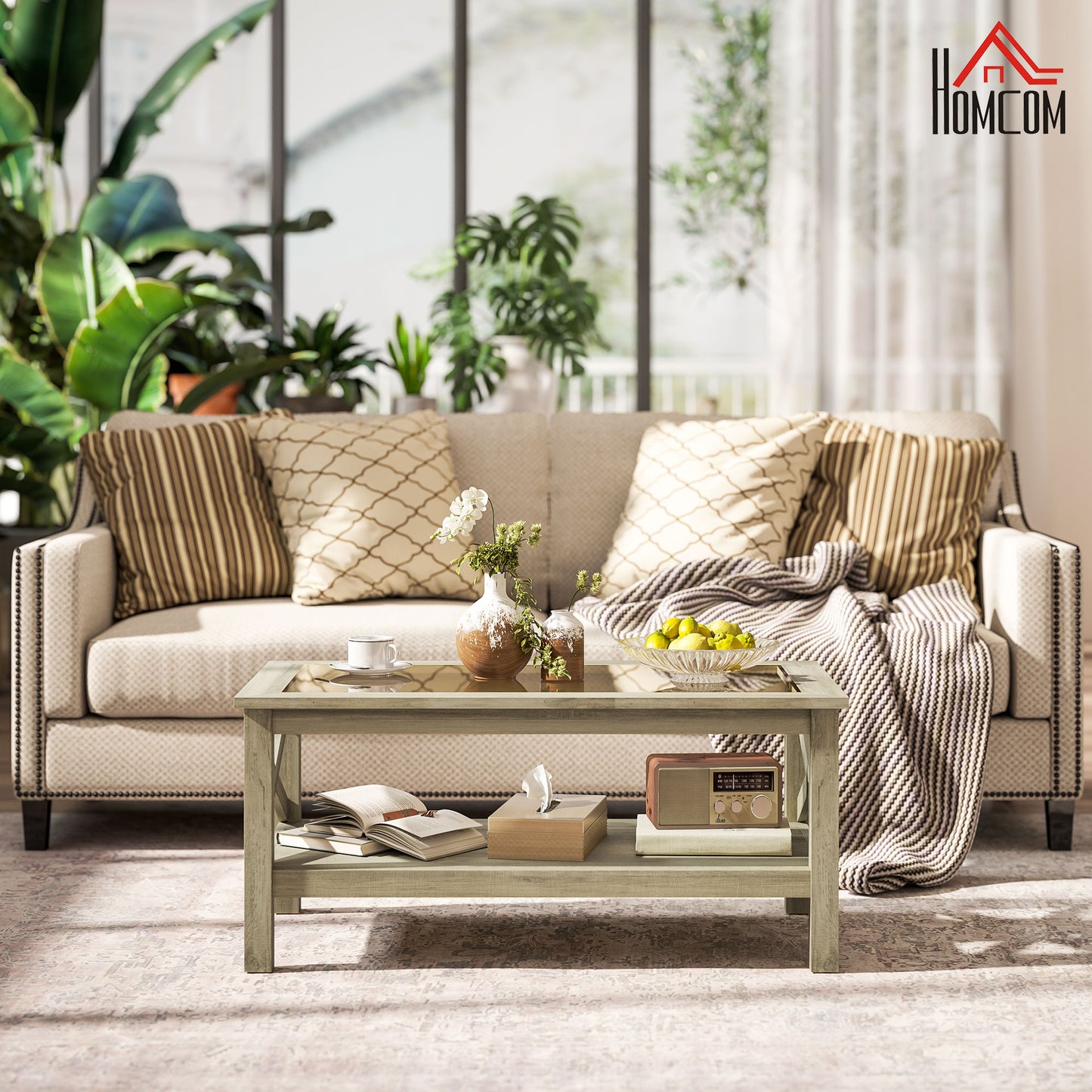 Coffee Table with Tempered Glass Tabletop, Living Room Table with Wood Frame and Underneath Storage Shelf, Gray