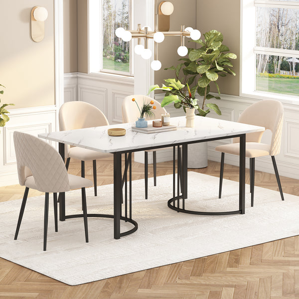 Dining Set, Set, 140x80cm Dining Table With 4 Chairs, Modern Kitchen Table Set, Velvet Dining Chair With Diamond Pattern, Adjustable Chair Legs, Beige Velvet, MDF Tabletop In White, Black Table Legs