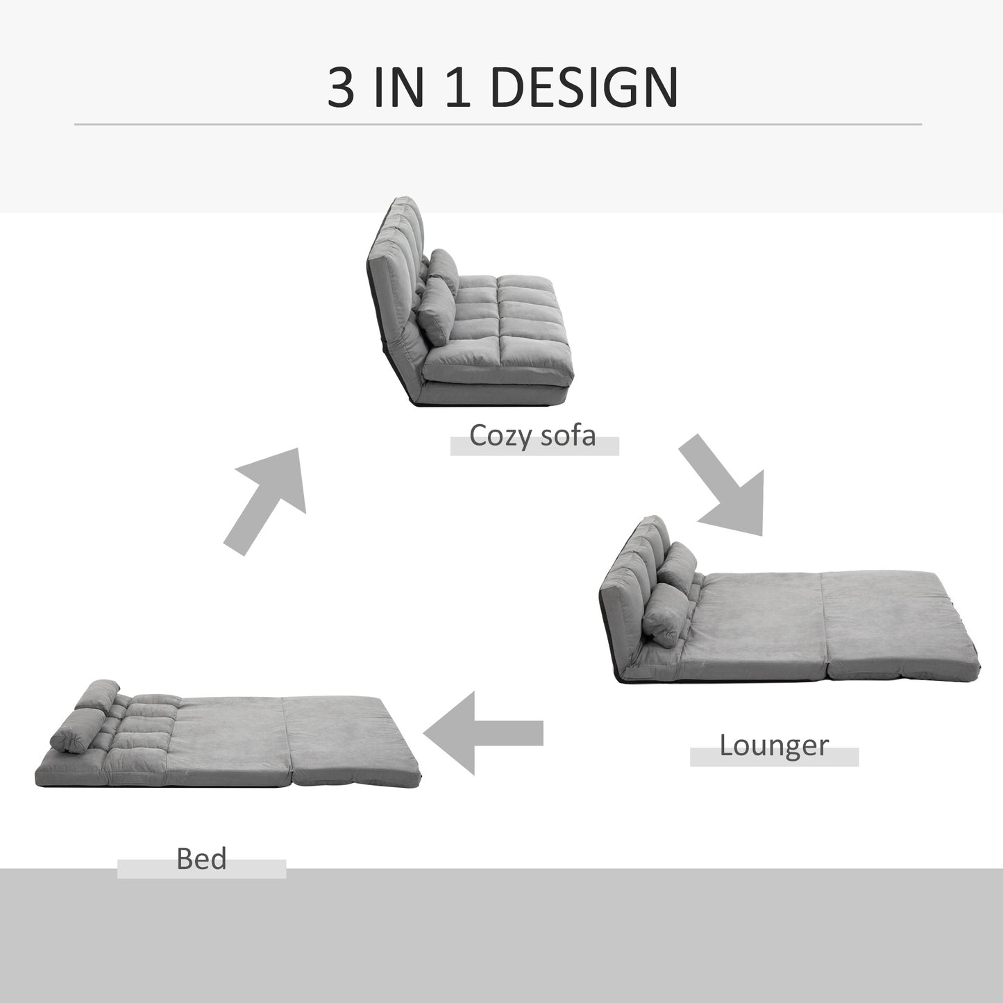 Folding Upholstered Couch Bed Gray Convertible Floor Sofa Chair Metal Frame Pillows
